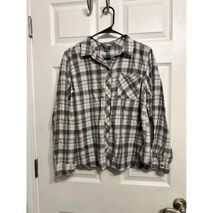 Eddie Bauer Women's XL Plaid Flannel Collared Button Up Shirt Cotton Fall Gray